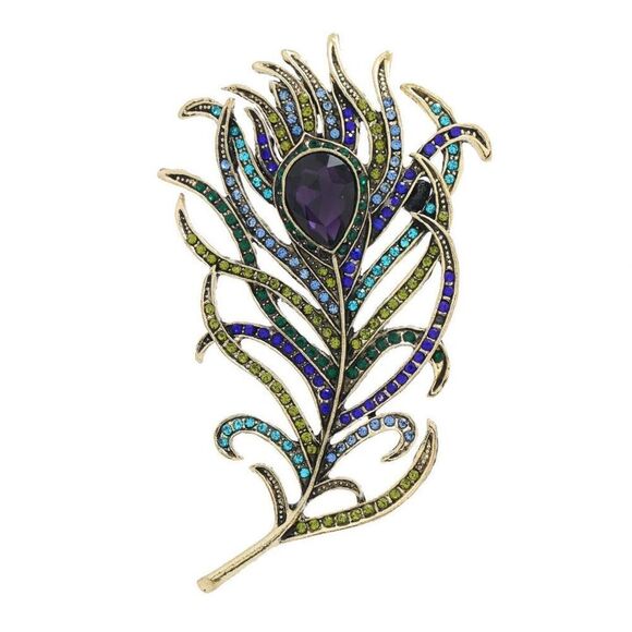 Vibrant Purple, Blue & Green Peacock Feather Rhinestone Large Statement Brooch - Picture 4 of 11